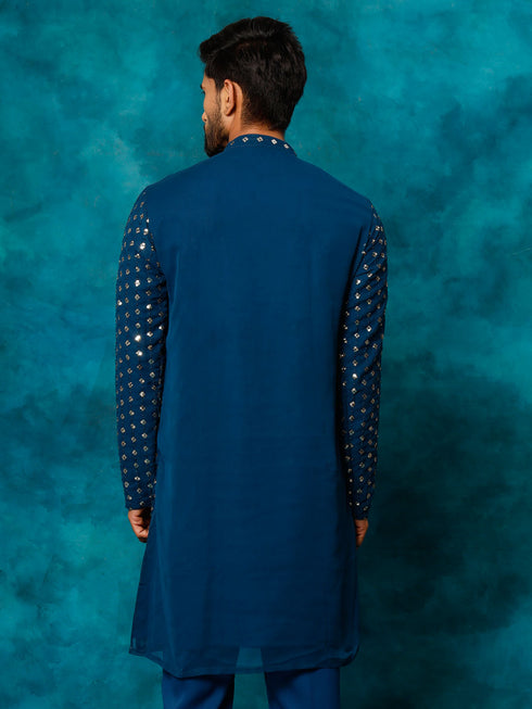 Men's Navy Blue Georgette Sequins Kurta